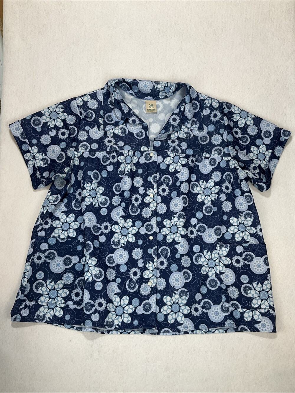Vintage Haband Womens Navy Mod Flower House Shirt Muumuu Snap Front Pockets 2XL
